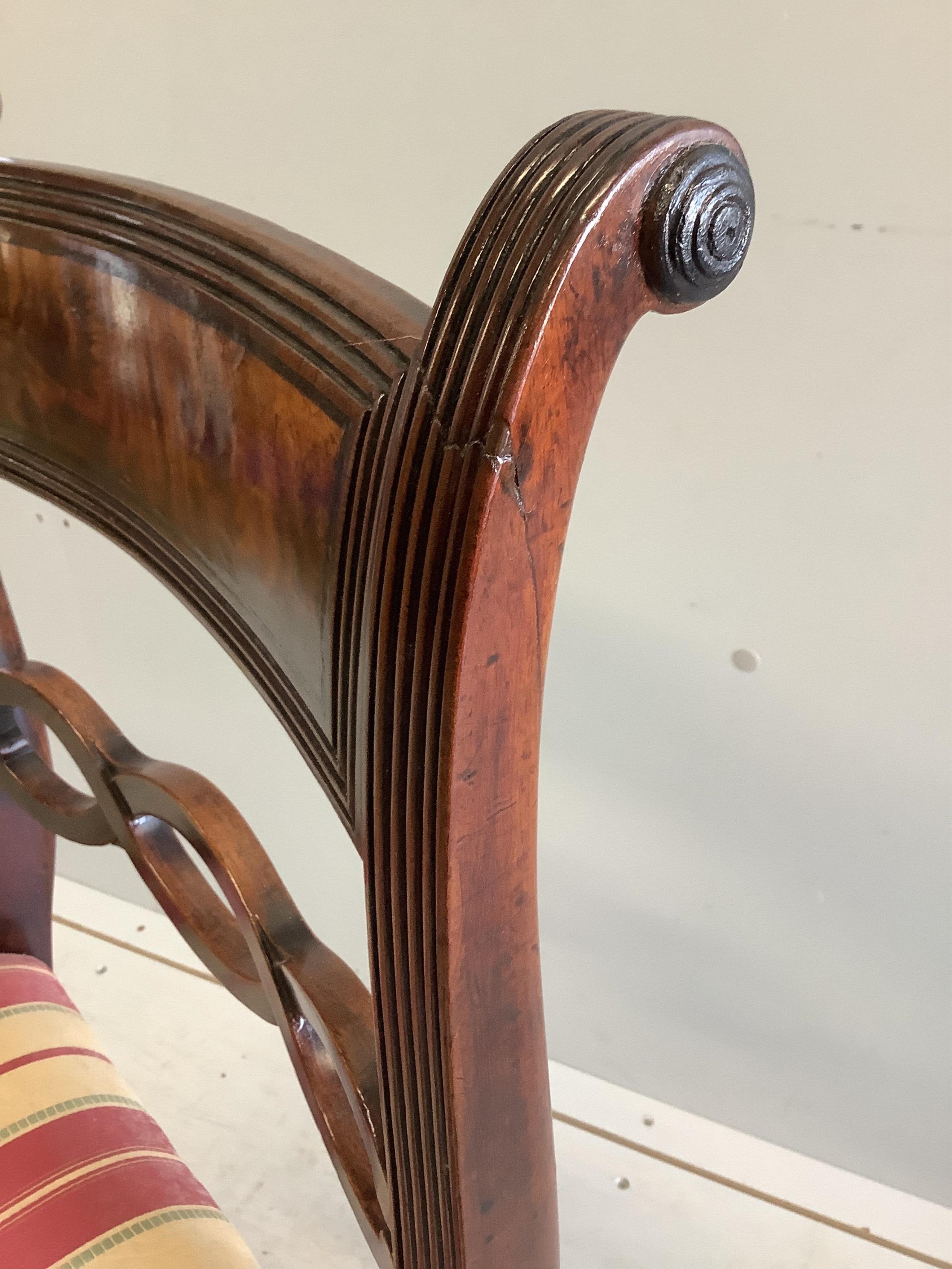 A George III mahogany oval pedestal dining table with brass claw feet, width 152cm, depth 105cm, height 71cm, together with a set of six Regency mahogany sabre leg dining chairs. Condition - fair to good